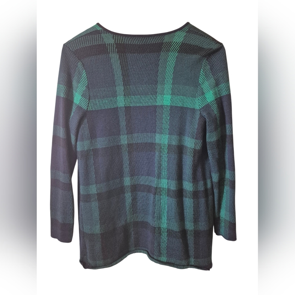 Talbots Merino Wool Plaid Cardigan Sweater Open Front Green Blue Women's Large L - Picture 4 of 6